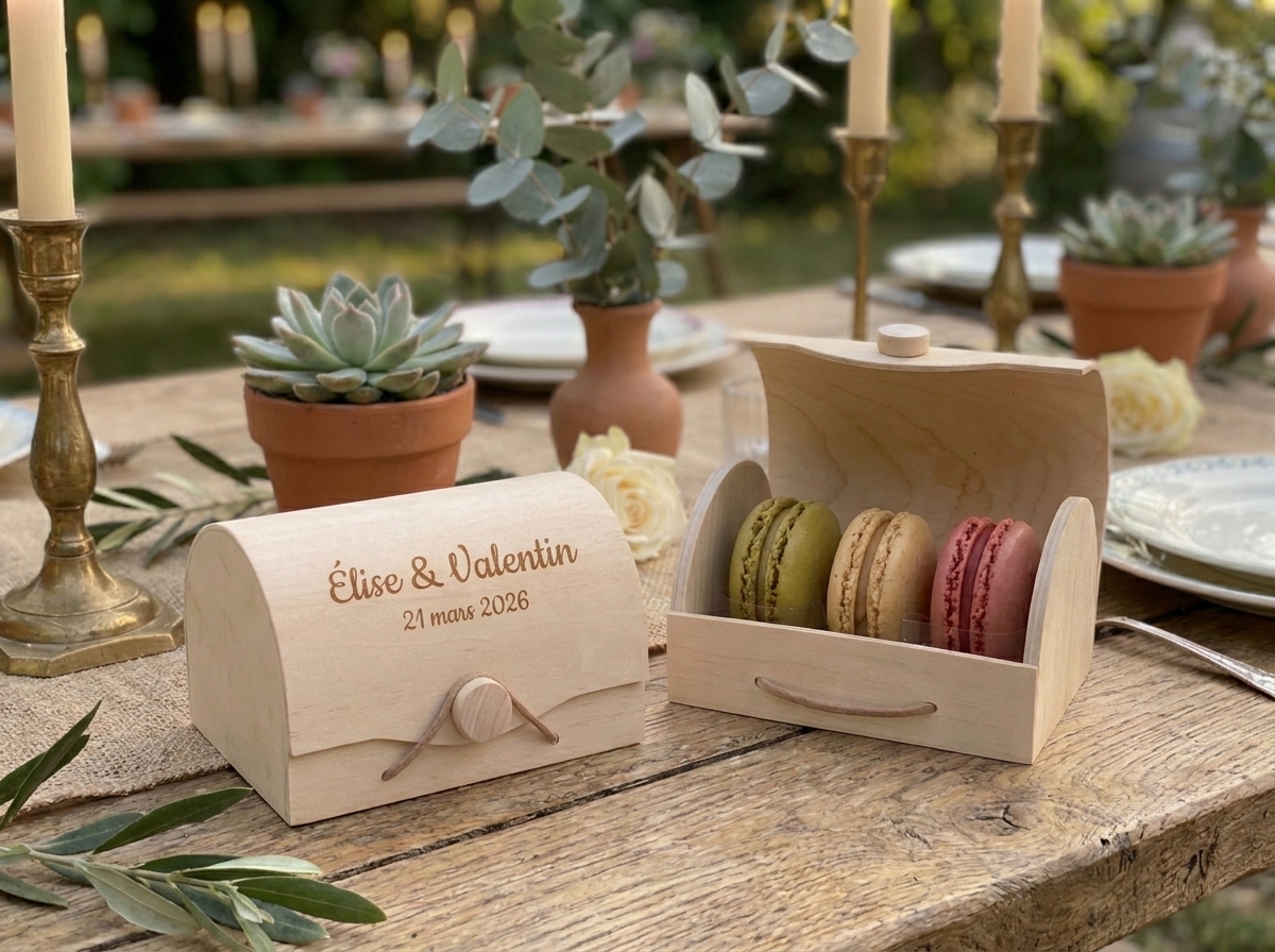 Coffret bois 3 macarons personnalisé mariage