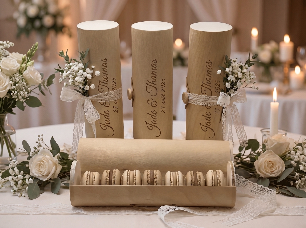 Coffret bois 7 macarons personnalisé mariage