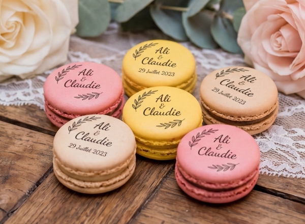 Gros plan impression macaron personnalisé mariage