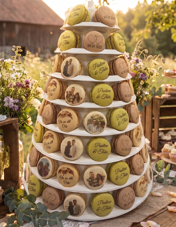 Pyramide de macarons personnalisés pour mariage